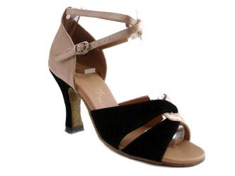 dansschoenen lichtbruin satijn zwart suede  